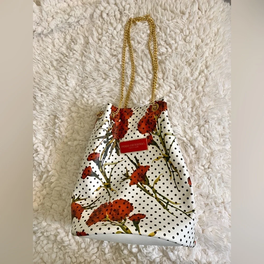 Stylish New Red Floral & Black Polka Dot Gold Chain Bucket Shoulder Bag